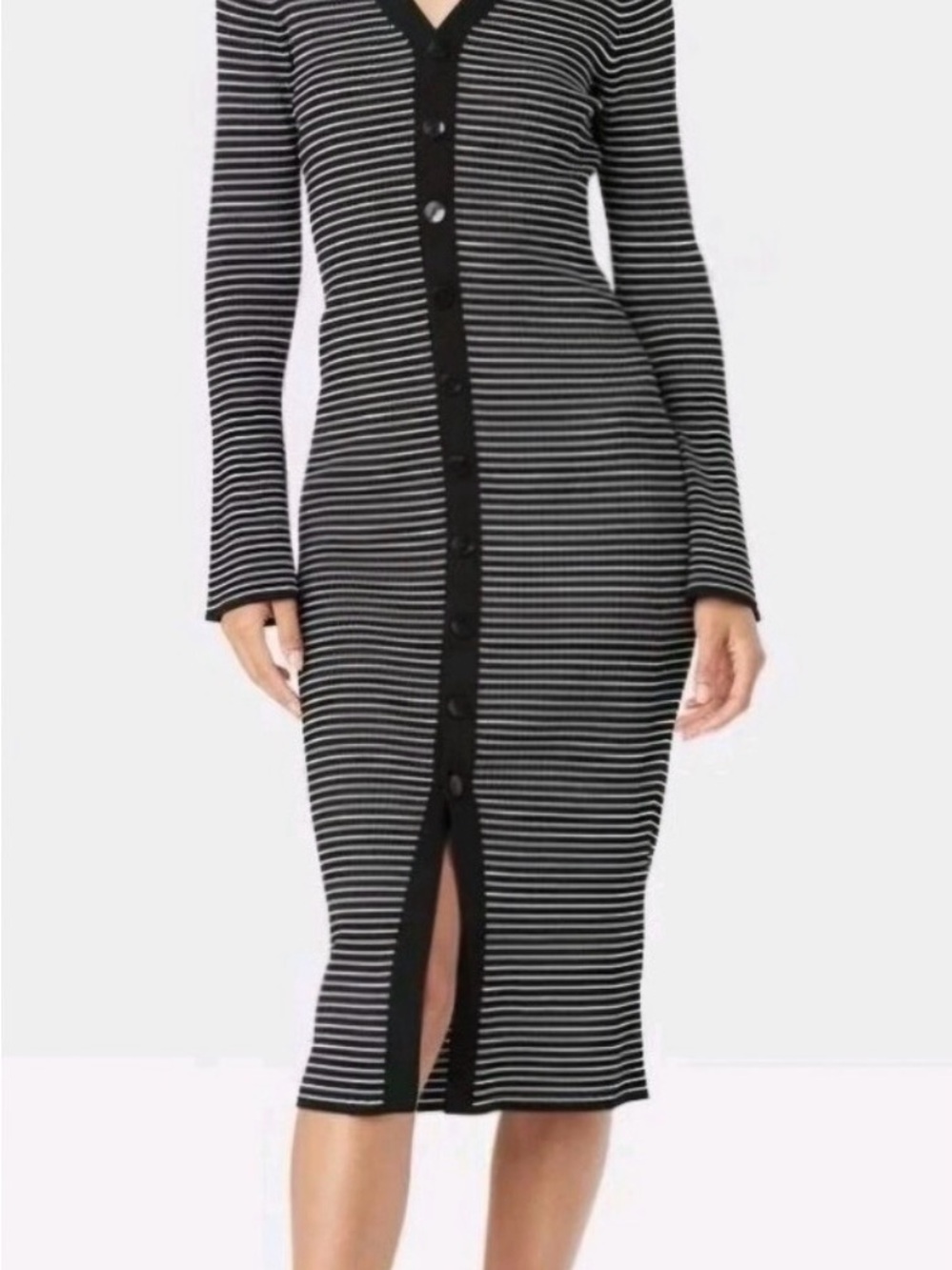 a new day Black and White Striped Button-Front Ribbed Midi Dress